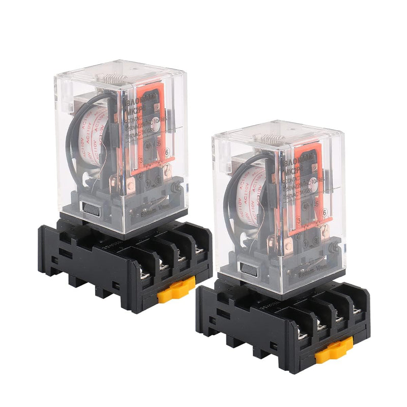 Baomain 2-Pack Power Relay MK2P-I 110VAC Coil DPDT 8 Pin with Plug-in Terminal Socket, for Automation and Control Systems