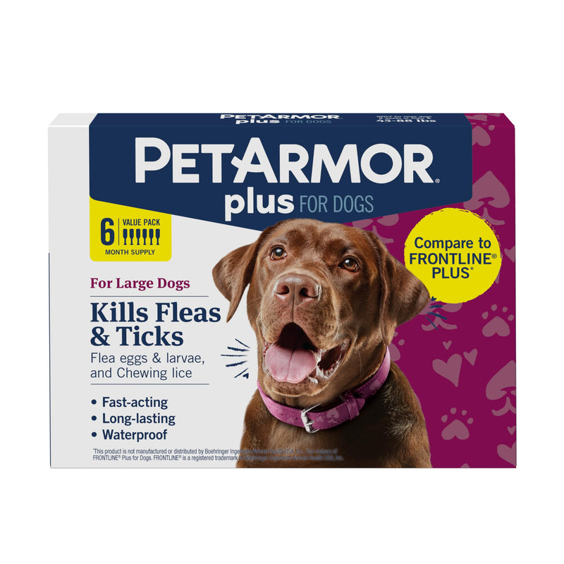 PetArmor Plus Flea and Tick Prevention for Dogs, Large Dog Flea and Tick Treatment, 6 Doses, Waterproof Topical, Fast Acting (45-88 lbs) 45-88 lbs 6 Count