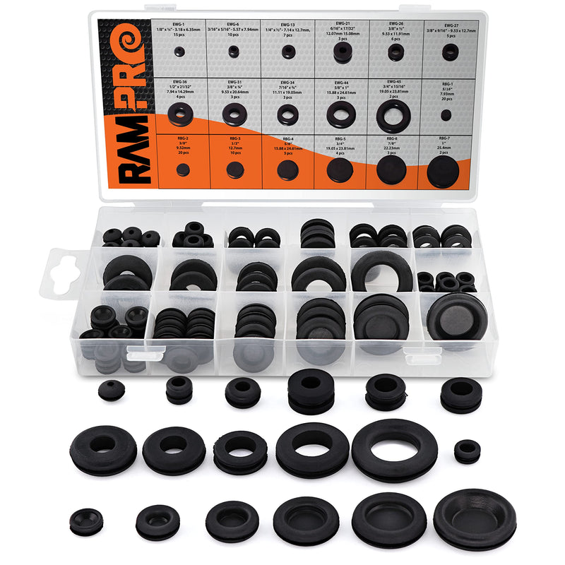 125pc 18 Sizes Rubber Grommet Kit - Includes Rubber Grommets for Wiring, Rubber Hole Plugs, and Automotive Firewall Grommet (1/4” 5/16” 1/2” 7/32” 3/8” 9/16” 5/16” 5/8” 3/4” 7/8” 15/16” 21/32” 1”) 18 Sizes (125-Pc)