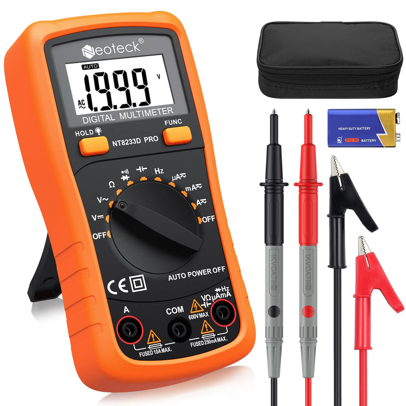 Neoteck Auto Ranging Digital Multimeter AC/DC Voltage Current Ohm Capacitance Frequency Diode Transistor Audible Continuity, Multi Tester with Backlit LCD Orange