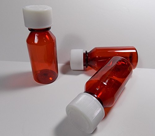 Lot of 50 Hard Side Graduated Oval 1 Ounce Plastic Amber Travel RX Medicine Bottles With Caps-Perfect for Travel-Very Strong Sidewall and Secure Cap