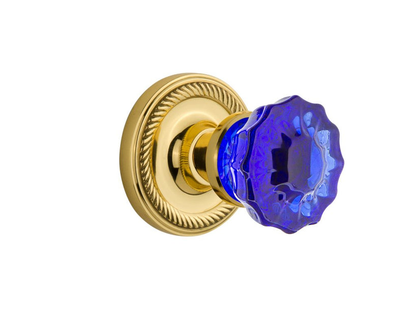 Nostalgic Warehouse 723557 Rope Rosette Double Dummy Crystal Cobalt Glass Door Knob in Unlaquered Brass