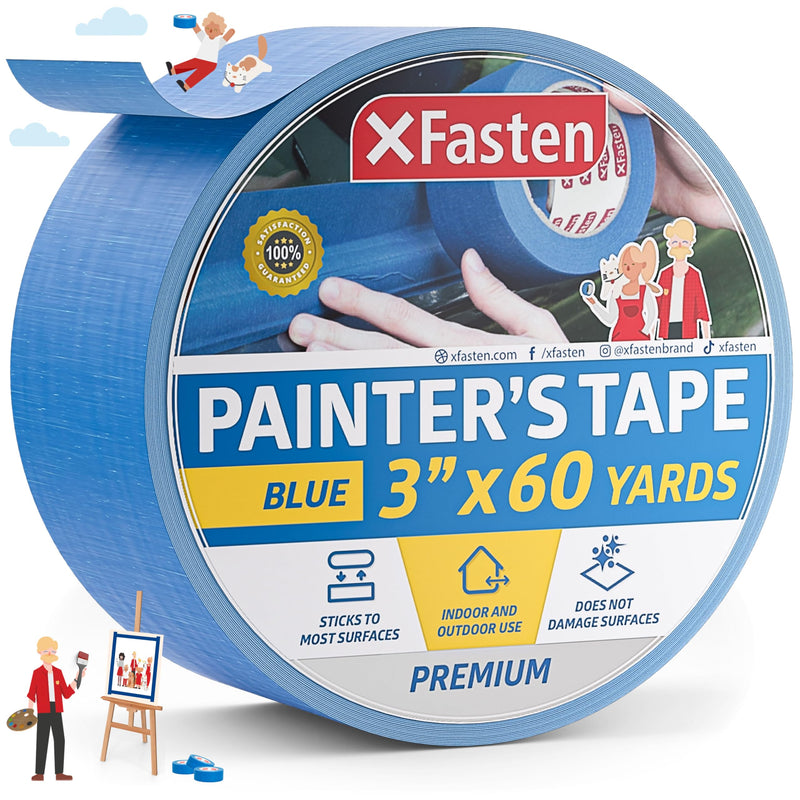 XFasten Professional Blue Painters Tape, Multi-Use, 3 Inches x 60 Yards Blue Tape - Sharp Edge Line Technology, Produces Sharp Lines | Residue-Free and Artisan Grade Wall Trim Tape 3 Inches x 60 Yards (Single Pack)