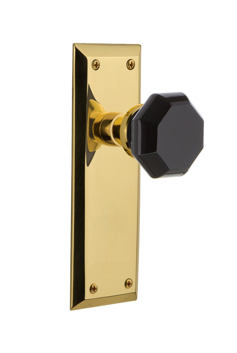 Nostalgic Warehouse 724831 New York Plate Privacy Waldorf Black Door Knob in Polished Brass, 2.375 PRIVACY 2.375