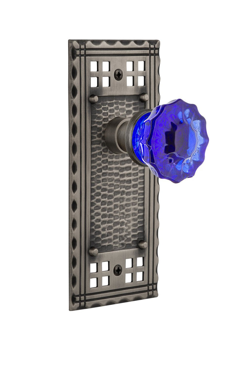 Nostalgic Warehouse 722223 Craftsman Plate Single Dummy Crystal Cobalt Glass Door Knob in Antique Pewter