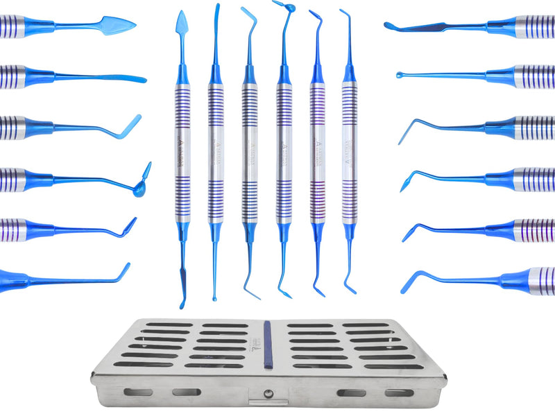 Dental Composite Non Stick Filling Instruments Kit in Stainless Steel Cassette (6 PCS Blue Plasma Coated) Restorative Tools by Artman Instruments