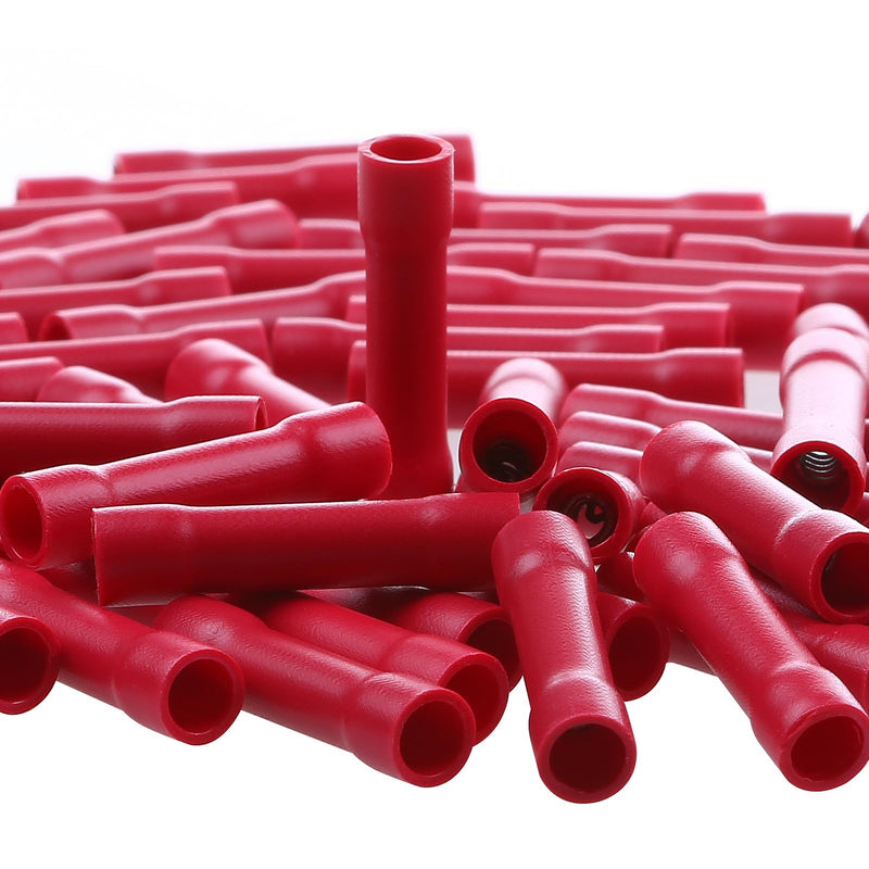 AIRIC Red Butt Connectors Crimp Splice Terminals 100 pcs 22-16 AWG Electrical Connector, Fully Insulated PVC Wiring Crimps Terminal for 22,20,18,16 Gauge Wire Red(22-16AWG)