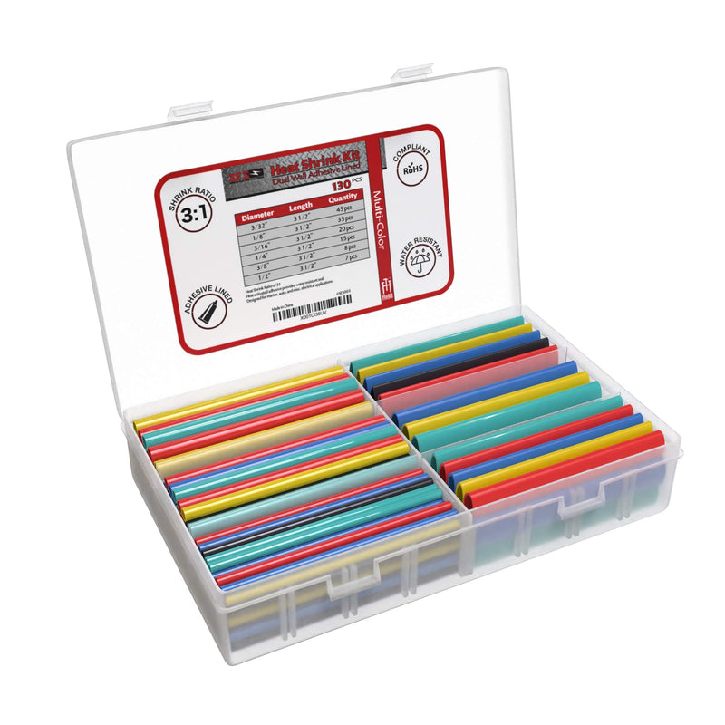 130 PC. Dual Wall Adhesive Marine Heat Shrink Kit - 3:1 Shrink Ratio - Multi-Color 3.5 Inch - Assortment - Multi