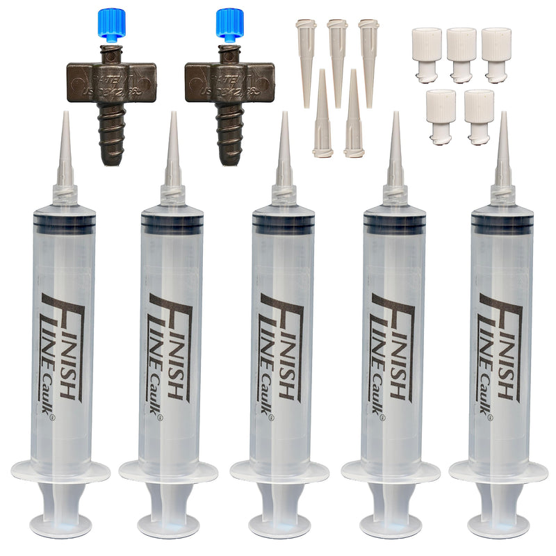 Precision Caulking Tool Kit; Syringe Style Applicator with Small Replaceable Tips and Filling System *Reduced Waste Poly Bag Packaging Finish Line Caulk Pro Syringe Applicator *Reduced Waste Packaging Poly Bag