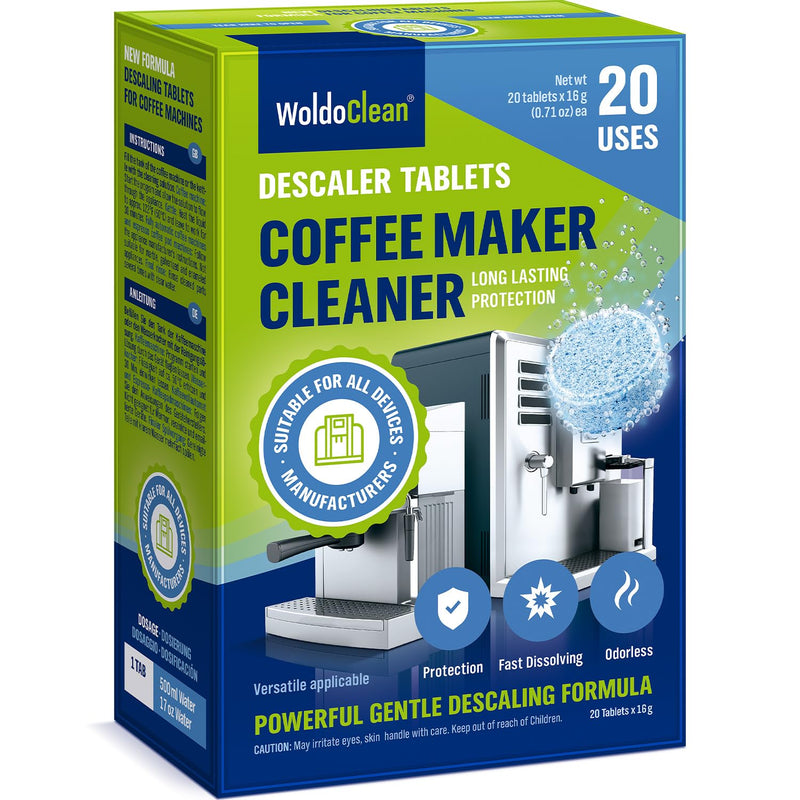 WoldoClean Coffee Machine Cleaner & Descaler Tablets (20 Count) - Universal Descaling Tabs Compatible with Nespresso, Keurig, Ninja, Breville & Drip Coffee Makers, Removes Limescale & Mineral Buildup Unscented 20 Count (Pack of 1)
