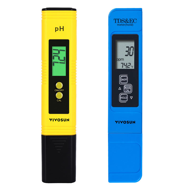 VIVOSUN Digital pH and TDS Meter Kits, 0.01pH High Accuracy Pen Type pH Meter ± 2% Readout Accuracy 3-in-1 TDS EC Temperature Meter for Hydroponics, Pool and Aquarium, Yellow Blue, UL Certified Yellow+Blue