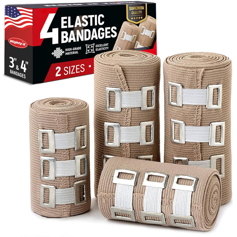 Premium Elastic Bandage Wrap – 4pk (2x3, 2x4) + 12 Extra Clips – Strong Compression Bandage Wrap - Wrist, Ankle, Foot, Knee Wrap 4 Piece Set