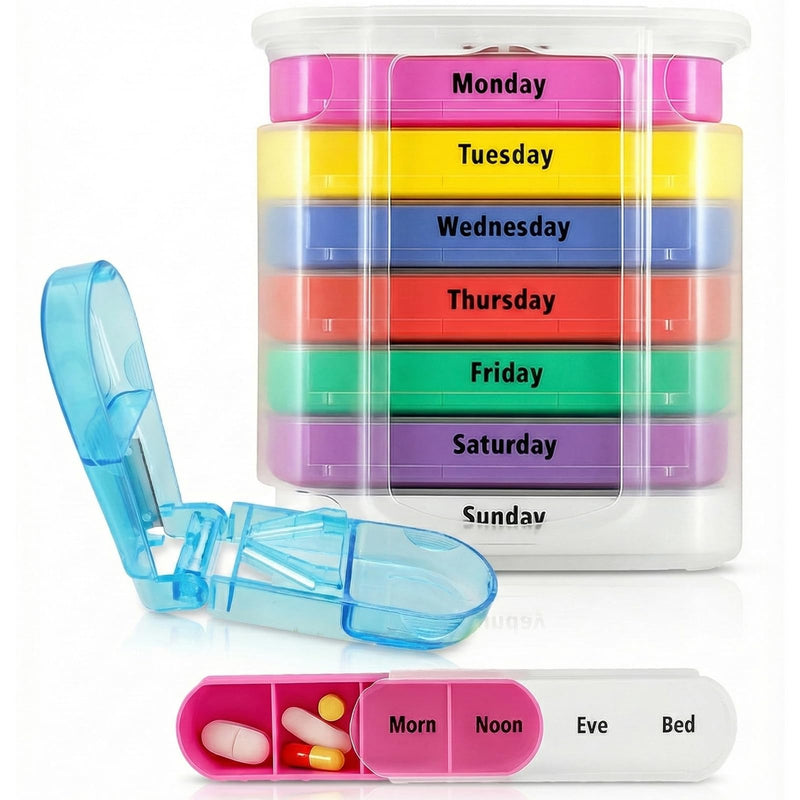 Vive Stackable Pill Organizer Tower with Pill Cutter, Splitter - 7 Days 4 Times A Day - Dispenser for Vitamins, Supplements and Medication - Weekly Stacking Pill Box Container with Travel Case
