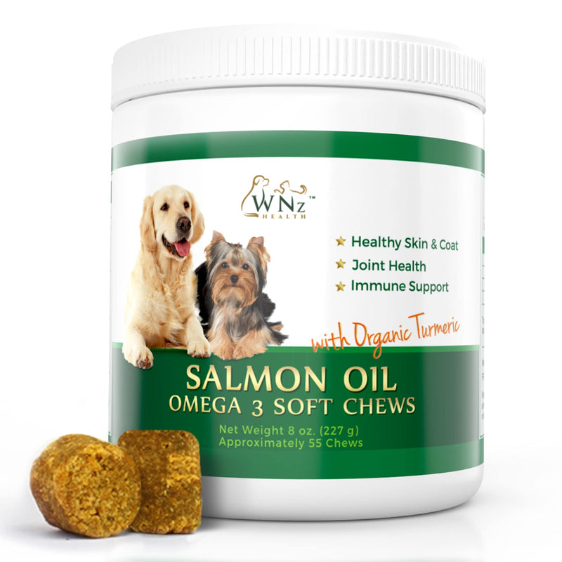 Omega 3 Skin and Coat Chews for Dogs, Dog Salmon Oil Supplement for Joint Pain Relief, Immune Support, Skin and Coat Supplements for Dogs, Chewable Dog Treats for Itchy Skin Relief, 55 Chews, 8 Oz - PawsPlanet Australia