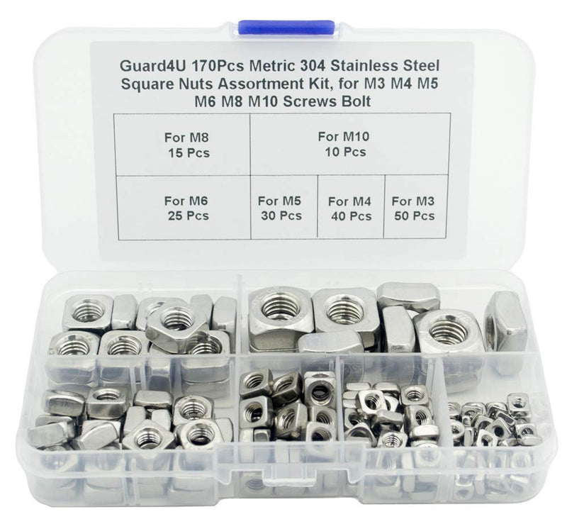 170Pcs Metric 304 Stainless Steel Square Nuts Assortment Kit, for M3 M4 M5 M6 M8 M10 Screws Bolt