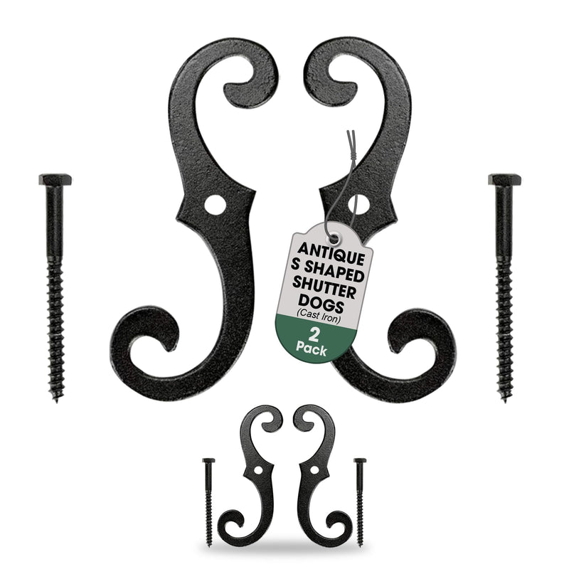 Renovators Supply Cast Iron Shutter Fasteners - Decorative S Style Shutter Dogs Hardware - Weatherproof Powder Coated External Shutter Tieback Including Mounting Screws - 6.5 Inches, Pack of 2