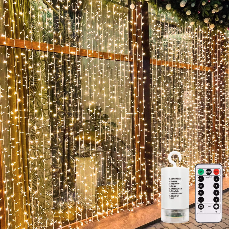 echosari 300 LED Curtain Lights Battery Operated, 9.8ft×9.8ft Hanging Lights with Remote Timer Fairy Curtain Lights for Bedroom Patio Wedding Backdrop Party Decór (Warm White) Warm White