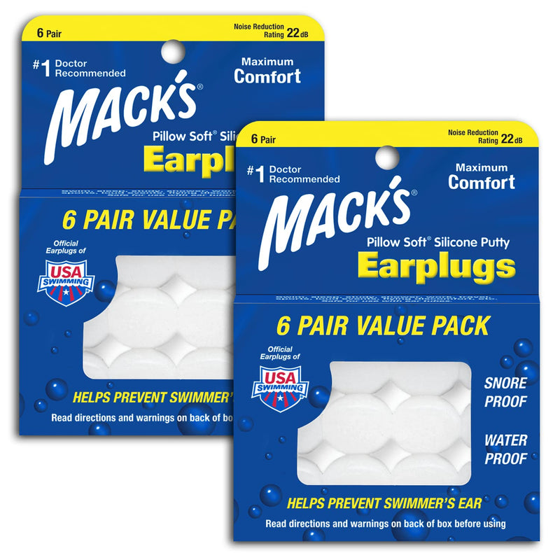 Mack's Pillow Soft Silicone Earplugs, Value Pack - The Original Moldable Silicone Putty Ear Plugs for Sleeping, Snoring, Swimming, Travel, Concerts and Studying, 6 Pair (Pack of 2) White 6 Pair (Pack of 2)