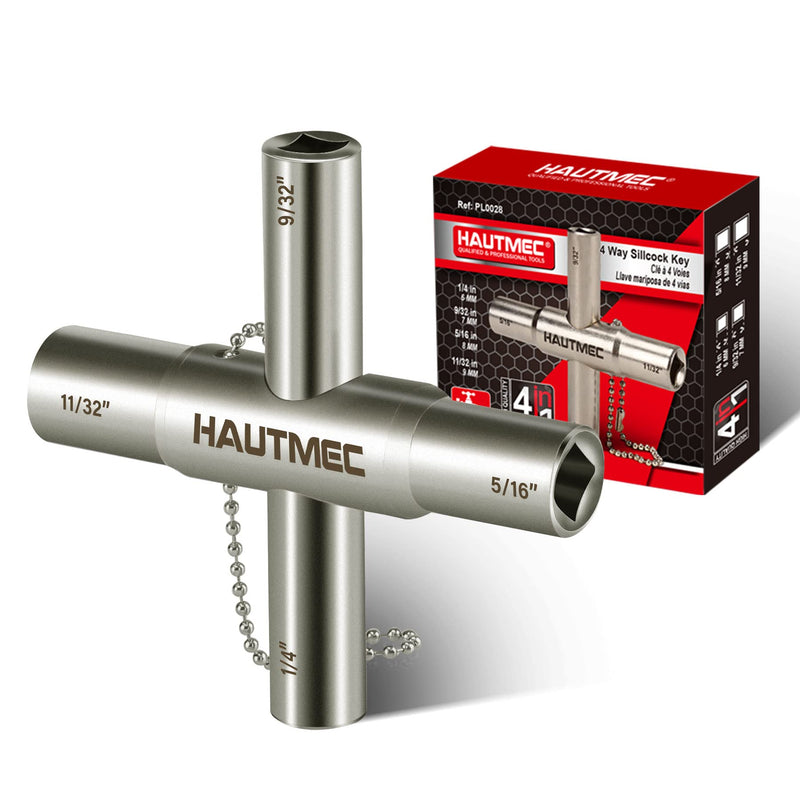 HAUTMEC 4 Way Sillcock Water Key，1/4", 9/32", 5/16", 11/32" Steel Multi-Function Utility Key for Sillcocks Faucets Valves Spigots PL0028 1 Pack Silver