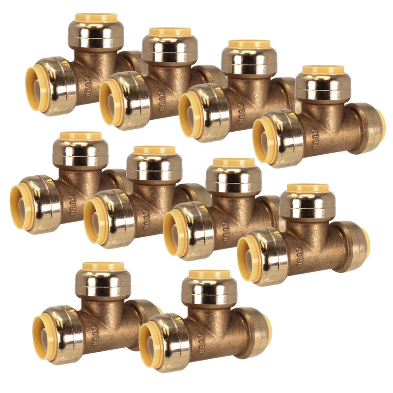 [10-Pack] PROCURU 1/2-Inch PushFit Tee, Push-to-Connect Brass Plumbing Fitting for Copper, PEX, CPVC, PE-RT Pipe (8X7012-10P) 10 0.5 Inch (1/2")