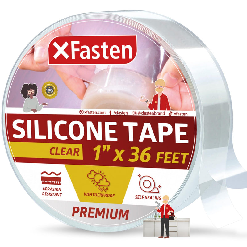 XFasten Self Fusing Silicone Tape for Plumbing Clear 1" X 36-Foot Non-Adhesive Leak Seal Tape Waterproof, Silicone Grip Tape, Rubber Tape Thick for Pipe, Hose Repair Tape, Stop Leak Tape 1-Inch x 36-Feet