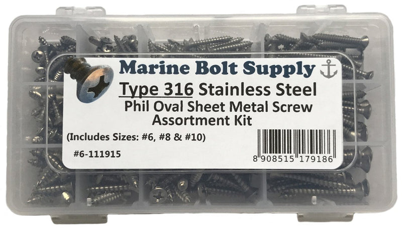 Type 316 Stainless Steel Phillips Drive Oval Head Sheet Metal Screw Kit - Marine Bolt Supply 6-111915