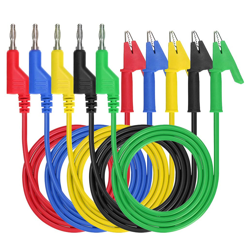 Sumnacon Multimeter Banana Plug to Crocodile Alligator Clip Test Probe, 5PCS 4mm Stackable Colorful Silicone Banana Plug to Alligator Clip Test Probe Lead Wire Cable 1M 3.3 ft