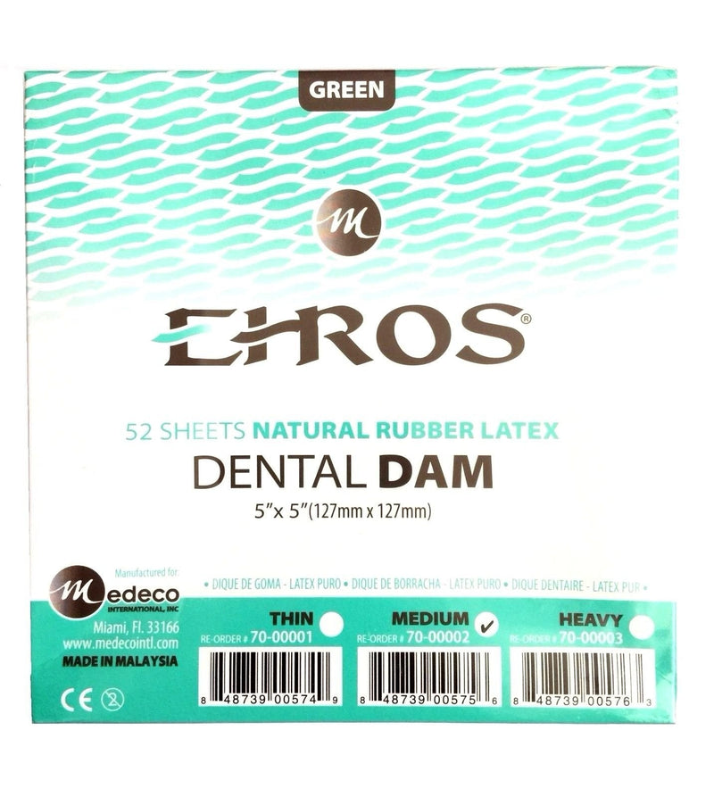 Rubber Dental Dam 5"x 5" Medium Green Latex 52 Sheets EHROS