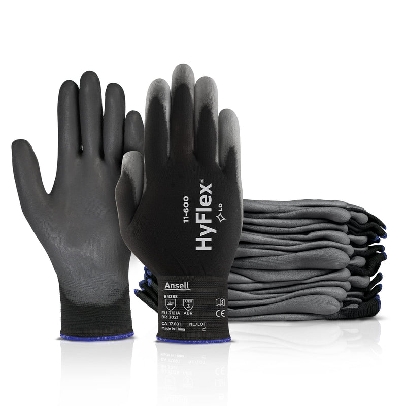 Ansell HYFLEX 11-600 Light Duty Nylon Industrial Gloves w/Palm Coating for Metal Fabrication Size 10 (XL) 12 Pair Black