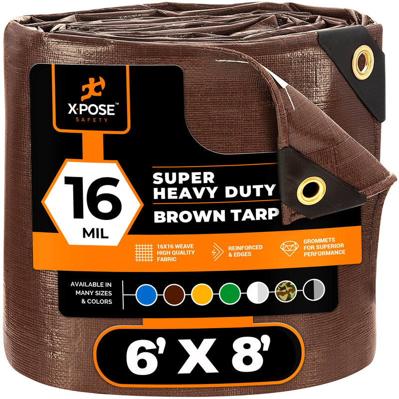 6' x 8' Super Heavy Duty 16 Mil Brown Poly Tarp Cover - Thick Waterproof, UV Resistant, Rip and Tear Proof Tarpaulin with Grommets and Reinforced Edges - by Xpose Safety 6' x 8'