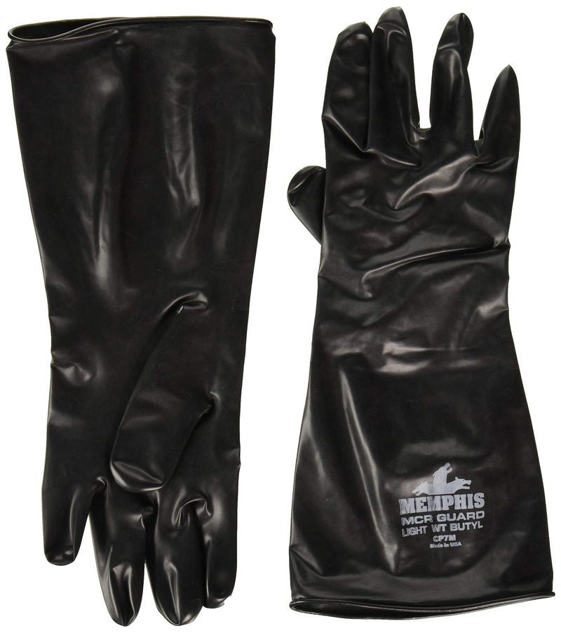MCR Safety CP7M Butyl Rubber Gloves, 7 Mil Smooth Finish, Gauntlet Rolled Cuff, 14" Length, Medium, 1-Pair, Black