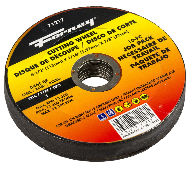 Forney 71217 Aluminum Oxide Steel Cutting Wheel 4-1/2" x 1/16" x 7/8" Arbor 10 Pack