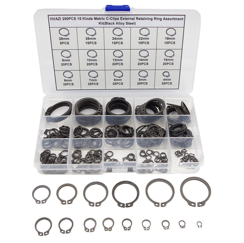 290PCS C-Clips External Retaining Ring Assortment Kit(Black Alloy Steel)