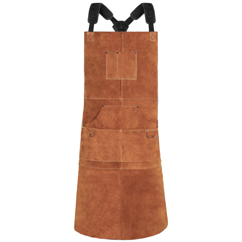 QeeLink Leather Welding Apron with 6 Pockets - Heat & Flame-Resistant Apron, 24'' X 42'', Adjustable M to XXXL Brown