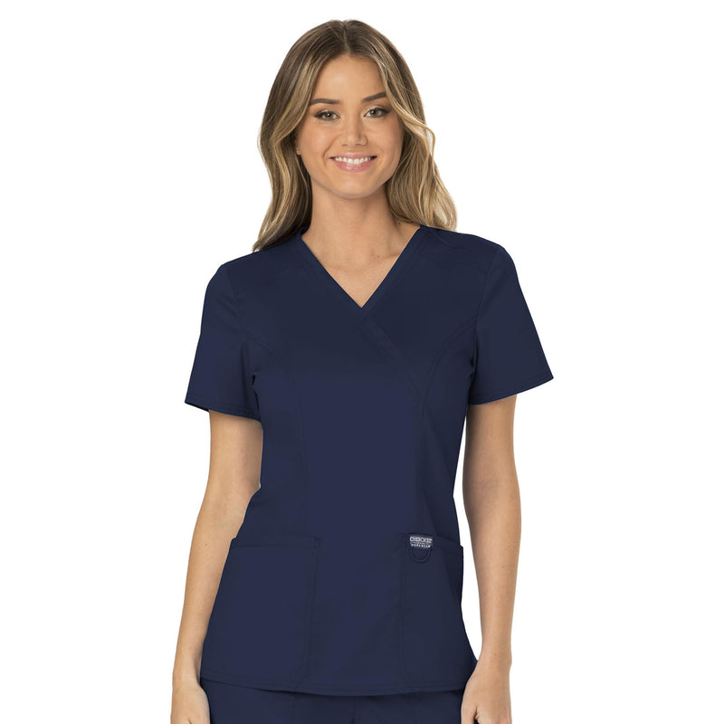 Cherokee Scrubs for Women Mock Wrap Top with 3 Pocket, Back Princess Seams WW610 Medium Navy