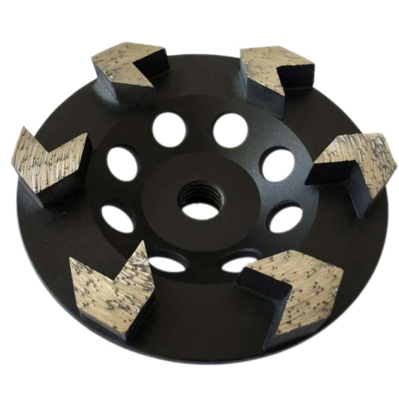 5" High Performance Diamond Grinding Wheels for Concrete, Paint, Epoxy, Mastic, Coating Removal, #30/40 Grit, 6 Arrow Segments, 5/8"-11 Arbor 5" Diameter - 5/8"-11 Threaded Arrow Segments - #30/40 Grit