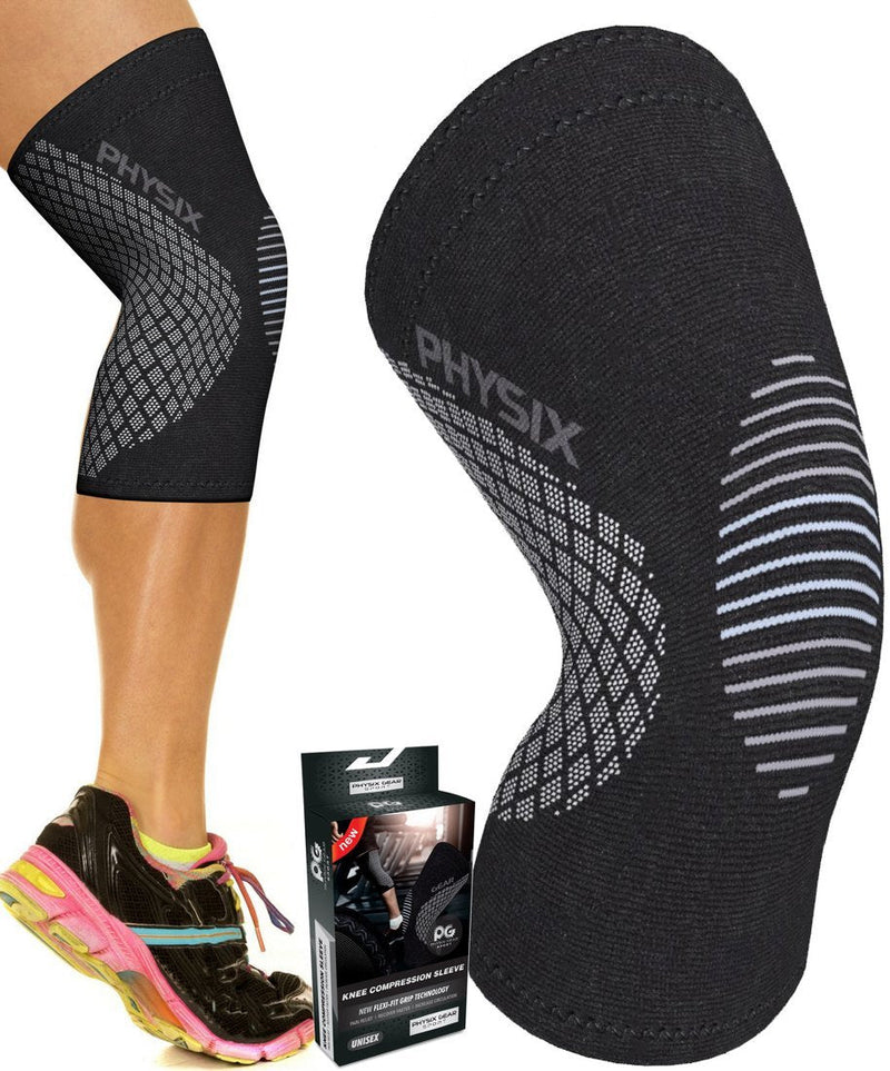 Physix Gear Knee Compression Sleeve for Men & Women - Best Compression Knee Brace for Walking, Running, Gym, Basketball, Weightlifting,Workout, Sports - Knee sleeves Support Compression & Stability M Black/Grey