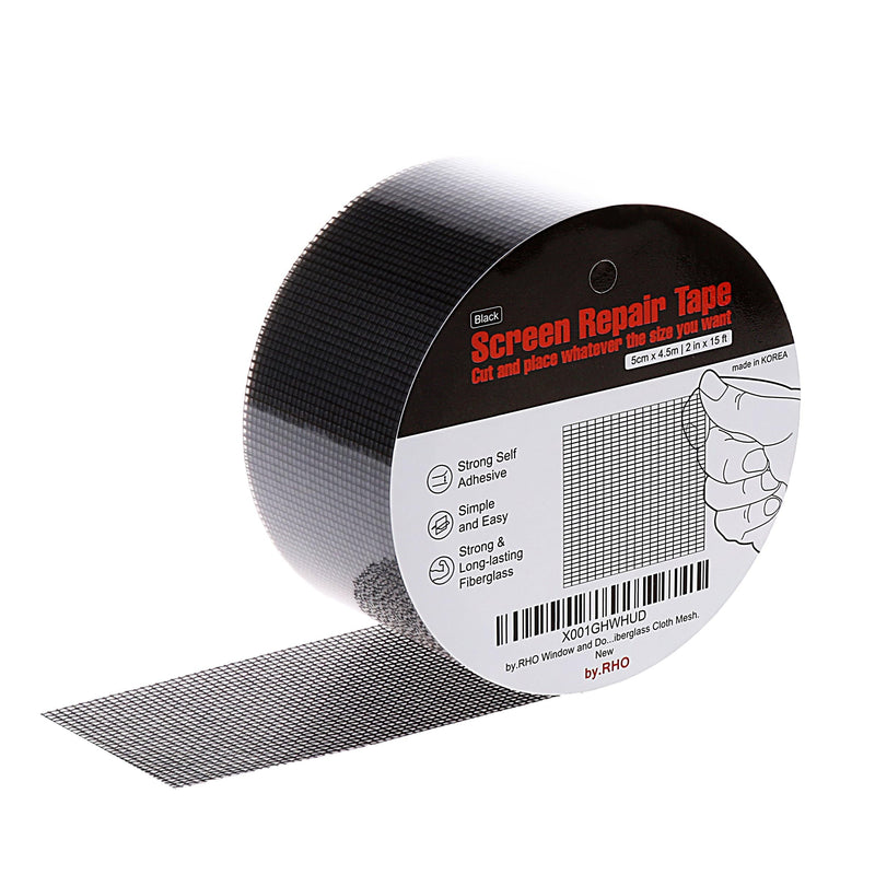 by.RHO Window Screen Repair Kit Tape (Black, 2" x 15FT) for Window Screen and Screen Door Tears Holes 3-Layer Strong Adhesive & Waterproof Tape Fiberglass Covering mesh 2in x 15ft Black