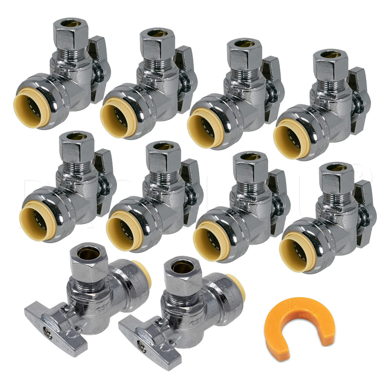 10-Pack PushFit Angle Stop Valve 1/2" Nom x 3/8" OD Comp, Quarter-Turn Push-to-Connect Brass Shutoff Valve for Copper, PEX, CPVC, PE-RT, HDPE Pipes (8X8012-11T) 10