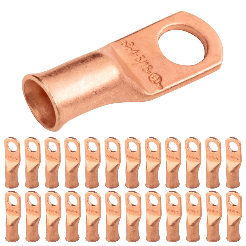 SELTERM 25pcs 4 AWG 5/16" Stud Battery Lugs, Ring Terminals, Heavy Duty Copper Wire Lugs, Battery Cable Ends, 4 Guage Ring Terminal Connectors, UL Bare Copper Eyelets Electrical Battery Cable Lugs 4 Awg - 5/16" (M8) Ring Bare Copper Lugs 25