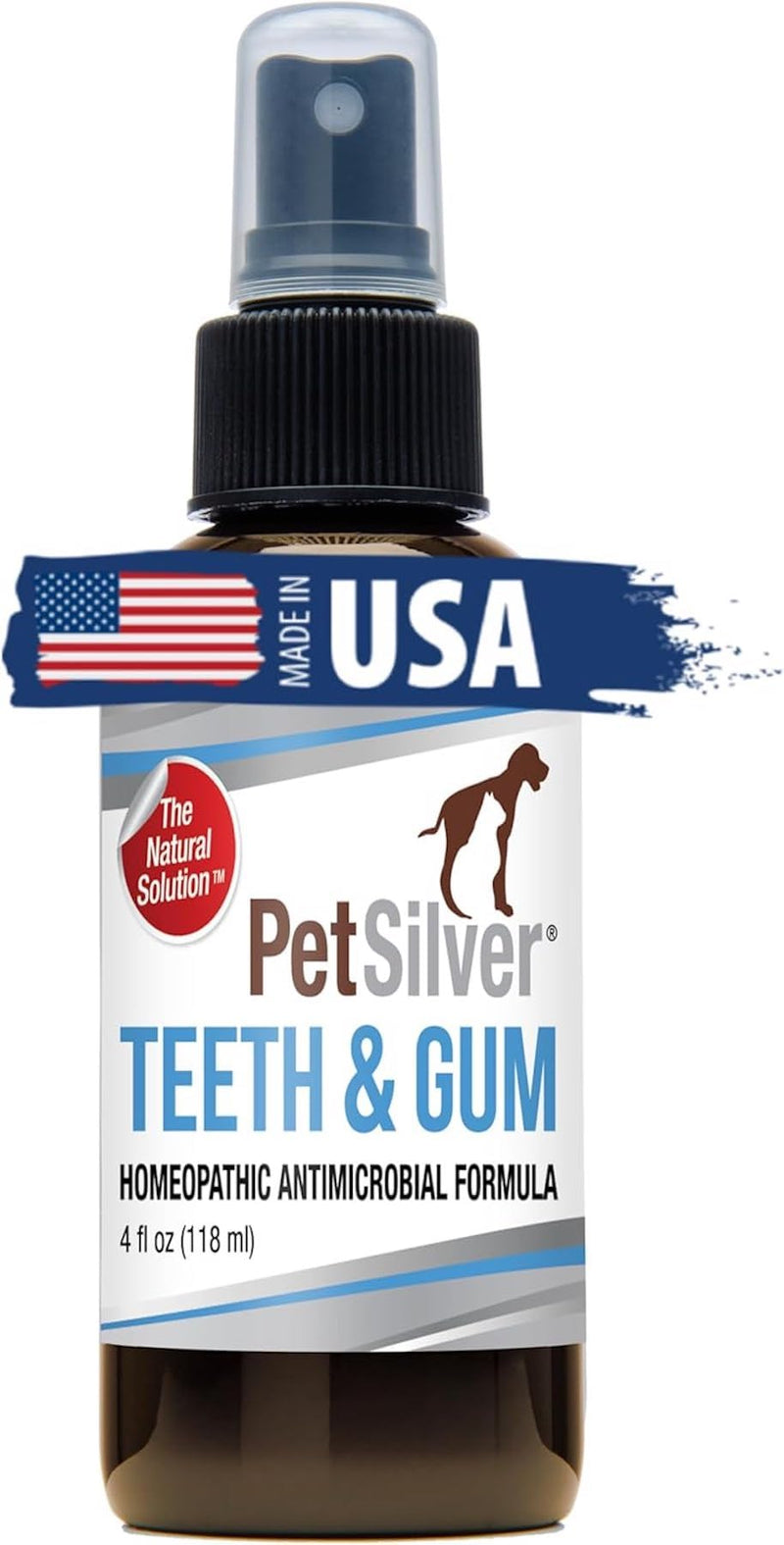 PetSilver Teeth & Gum Spray, Patented Chelated Silver, Natural Dog Breath Freshener, Cat and Dog Dental Cleaning without Brushing, Targets Tartar and Plaque, Dog Dental Spray, Made in USA, 4 oz. 1 Count (Pack of 1) - PawsPlanet Australia