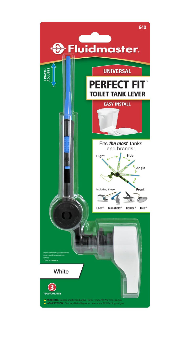 Fluidmaster 640 PERFECT FIT Universal Toilet Tank Flush Lever In White, Plastic Toilet Handle With Adjustable Arm