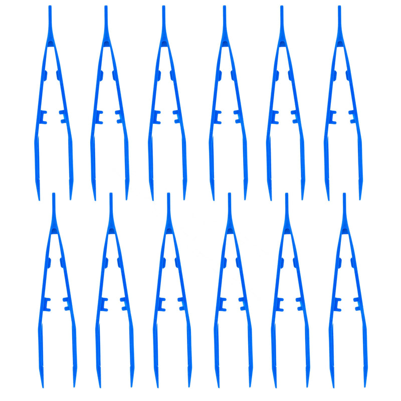 SE 7-Inch 12-Piece Blue Lightweight Plastic Tweezer Set - Non-Magnetic, Serrated Jaw, Textured Grip for Crafts, Electronics, and First Aid - 365PT12