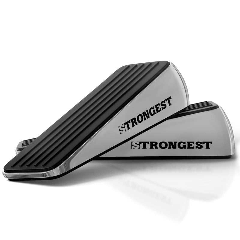 Strongest Home Door Stopper, Heavy Duty Door Stop Wedge Made of Premium Quality Zinc and Rubber Suits Any Door, Any Floor, Plus Set of 2 Self-Adhesive Wall Bumpers Black Silver 2 Pack