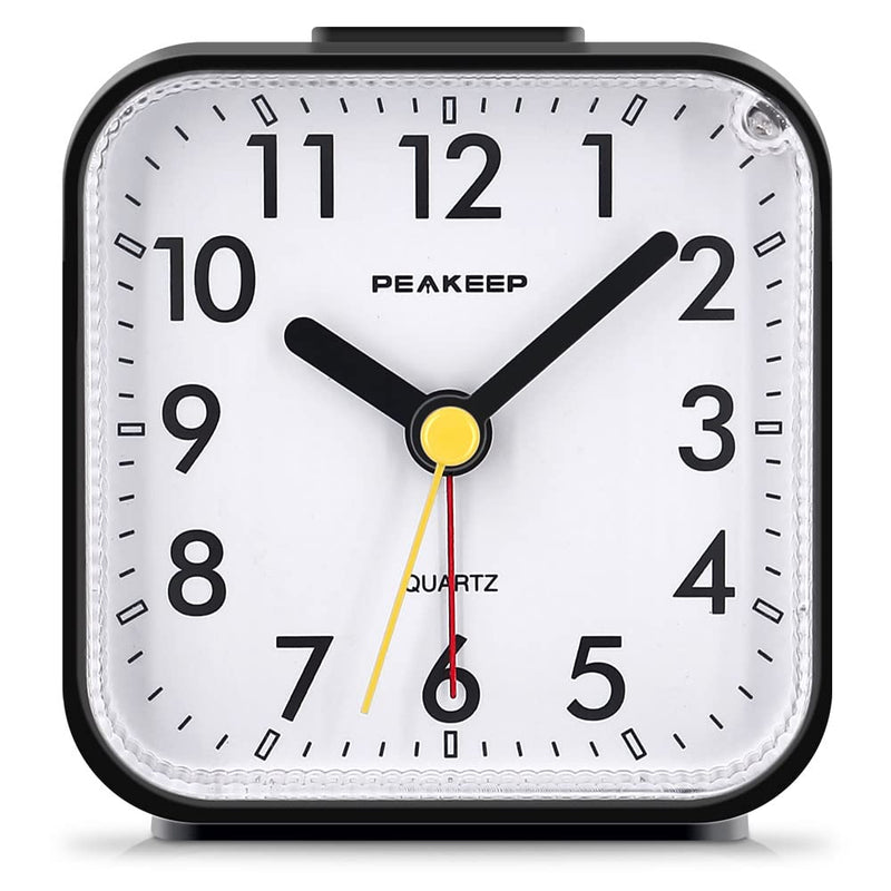 Peakeep Small Battery Operated Analog Travel Alarm Clock Silent No Ticking, Lighted on Demand and Snooze, Beep Sounds, Gentle Wake, Ascending Alarm, Easy Set (Black) Black