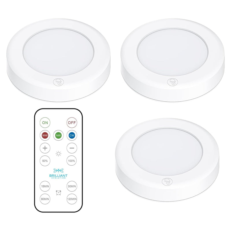 Brilliant Evolution Wireless LED Puck Lights with Remote Control - Battery Operated Lights and Warm Light Under Cabinet, Closet, or Kitchen - Stick On Lights, Under Counter Lighting - Pack of 3, White