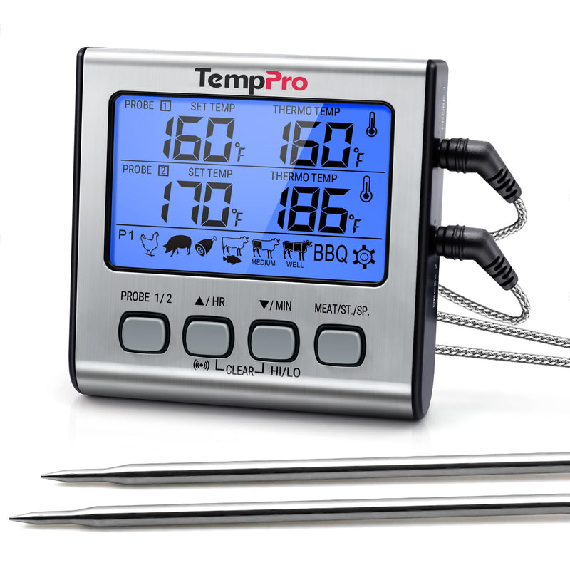 TempPro TP17 Dual Probe Digital Cooking Meat Thermometer Large LCD Backlight Food Grill Thermometer with Timer Mode for Smoker Kitchen Oven BBQ, Silver (Previously ThermoPro) 2-probes