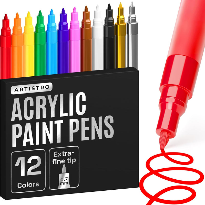 Paint Pens for Rock Painting, Stone, Ceramic, Glass, Wood, Canvas. Set of 12 Acrylic Paint Markers Extra-fine Tip 12 Extra-Fine Tip