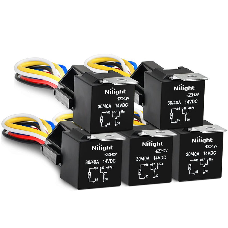 Nilight 50003R Automotive Set 5-Pin 30/40A 12V SPDT with Interlocking Relay Socket and Wiring Harness-5 Pack, 2 Years Warranty 5Pin Relay + harness socket
