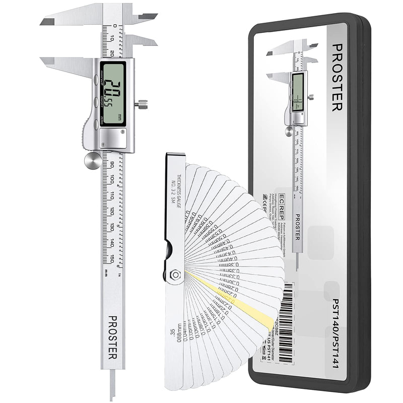 Proster Digital Vernier Caliper 6inch 150mm - Electronic Caliper Fraction/Inch/Metric Dial Caliper for Length Width Depth Inner Outer Diameter, with 32 Feeler Gauges 150 Mm/6 Inch